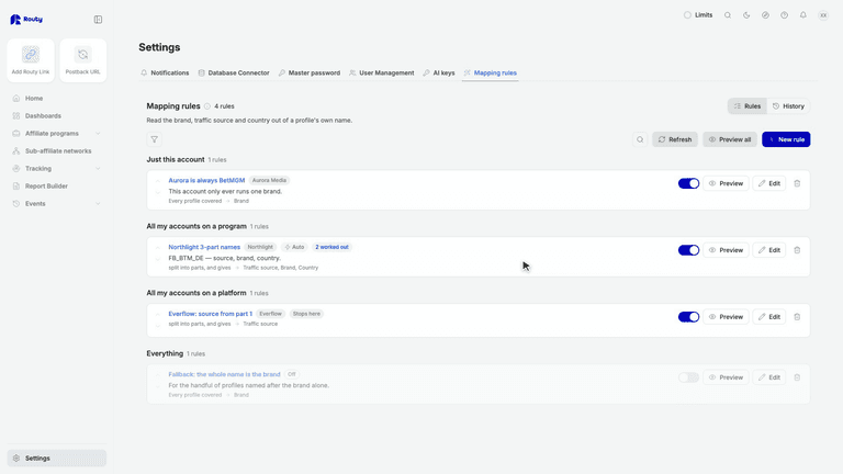 Fill in tracking profiles with mapping rules