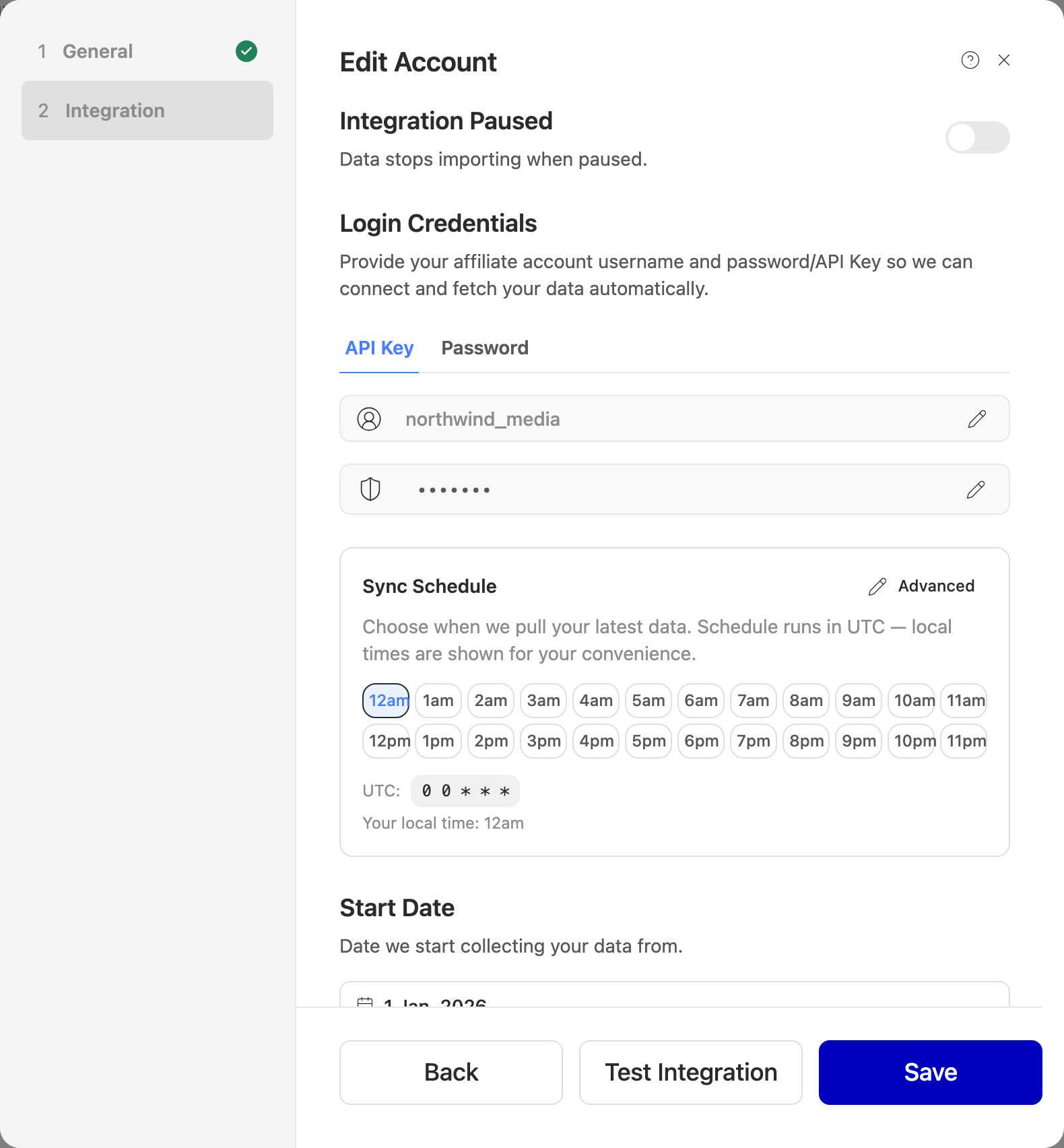 Edit → Integration, with the saved API key masked