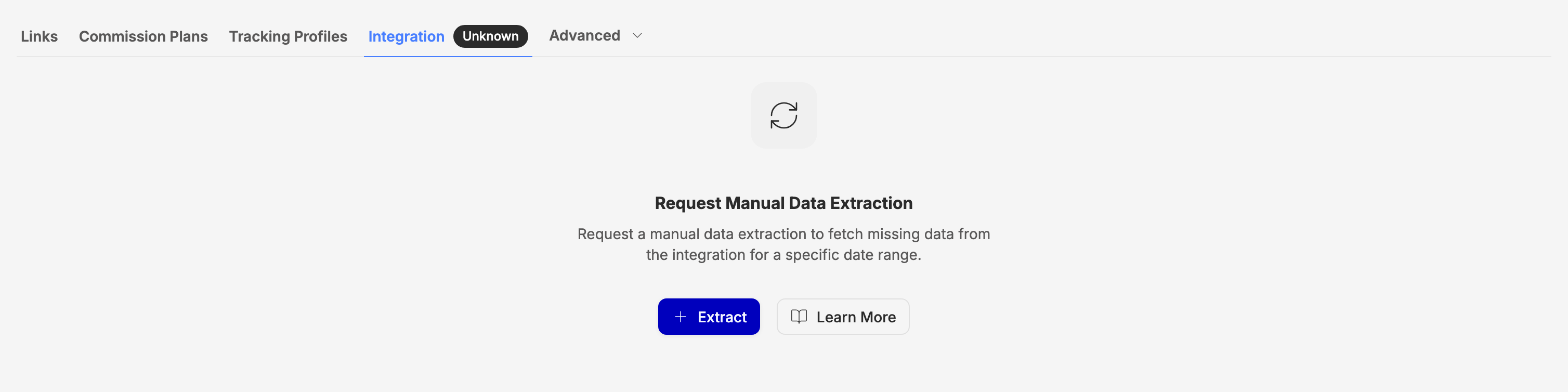 The Integration tab before the account's first run