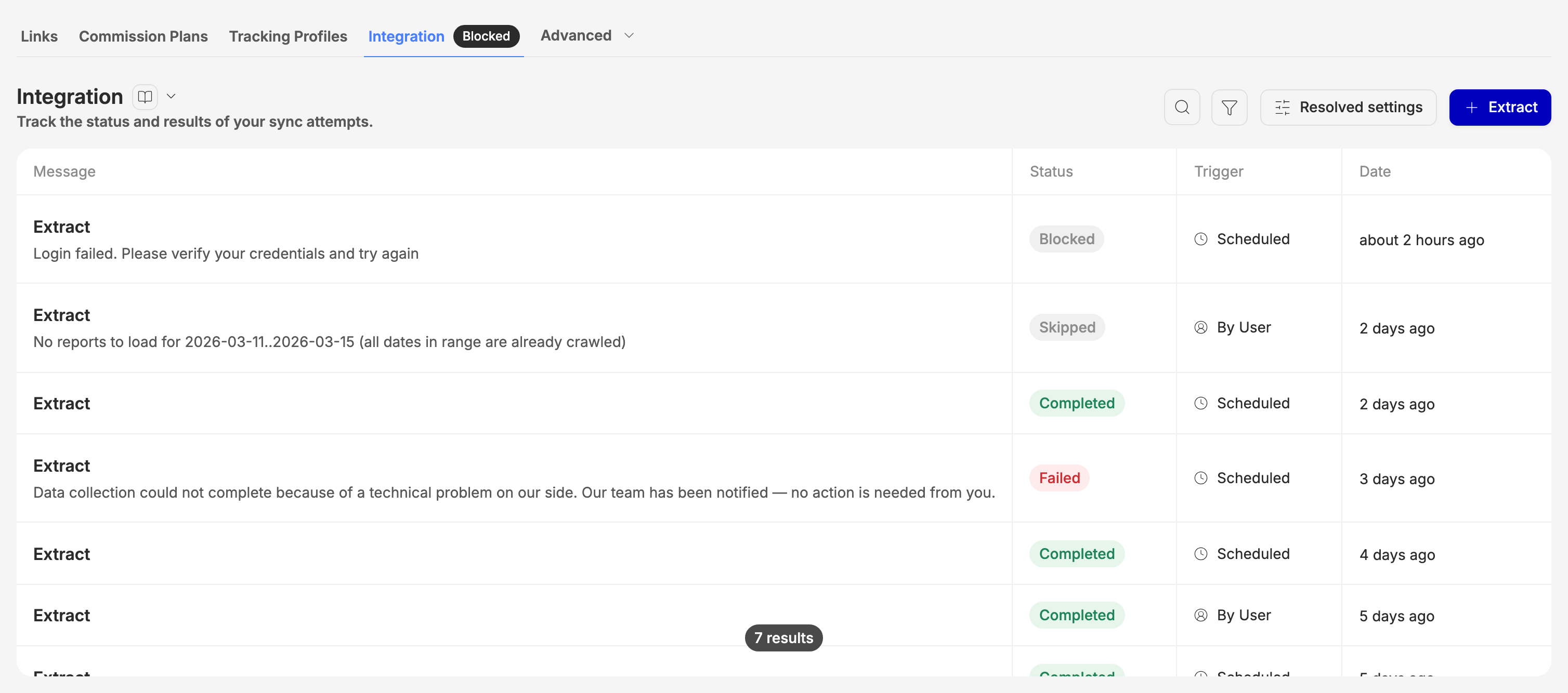 The Integration tab, with the newest run blocked on the account's credentials