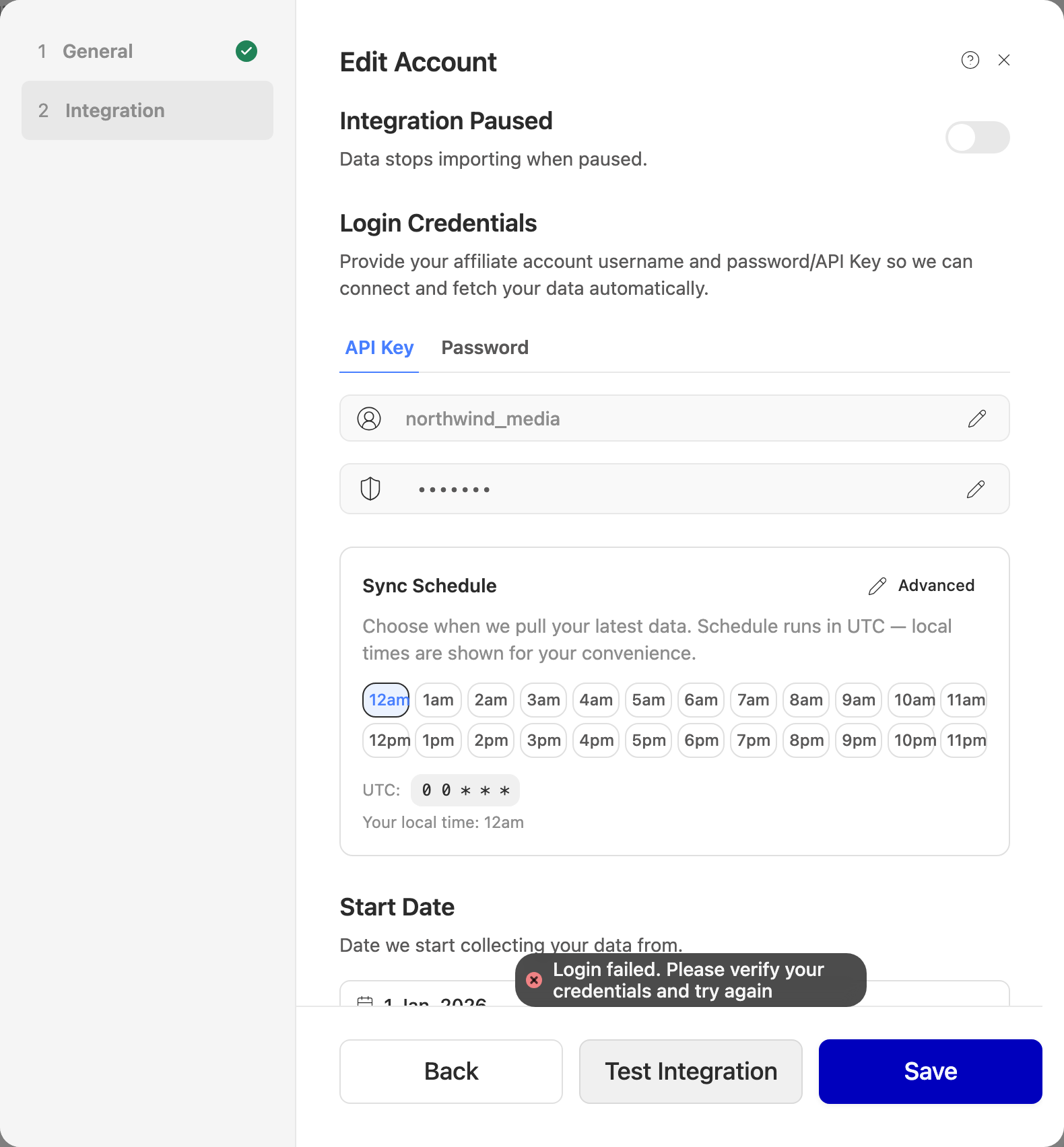 Test Integration failing with the saved credentials