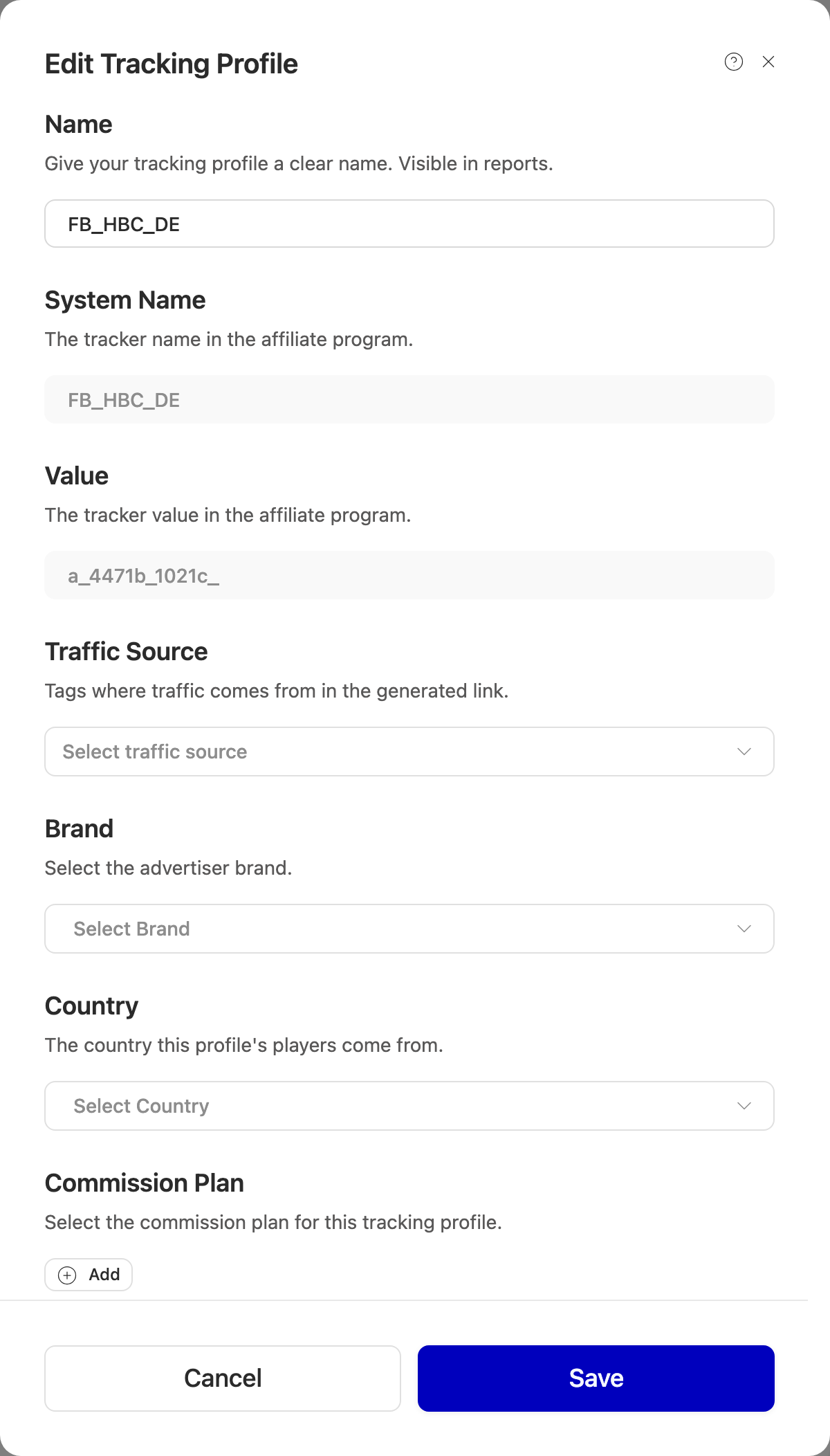 Edit Tracking Profile for a new profile: the program's name, and nothing mapped