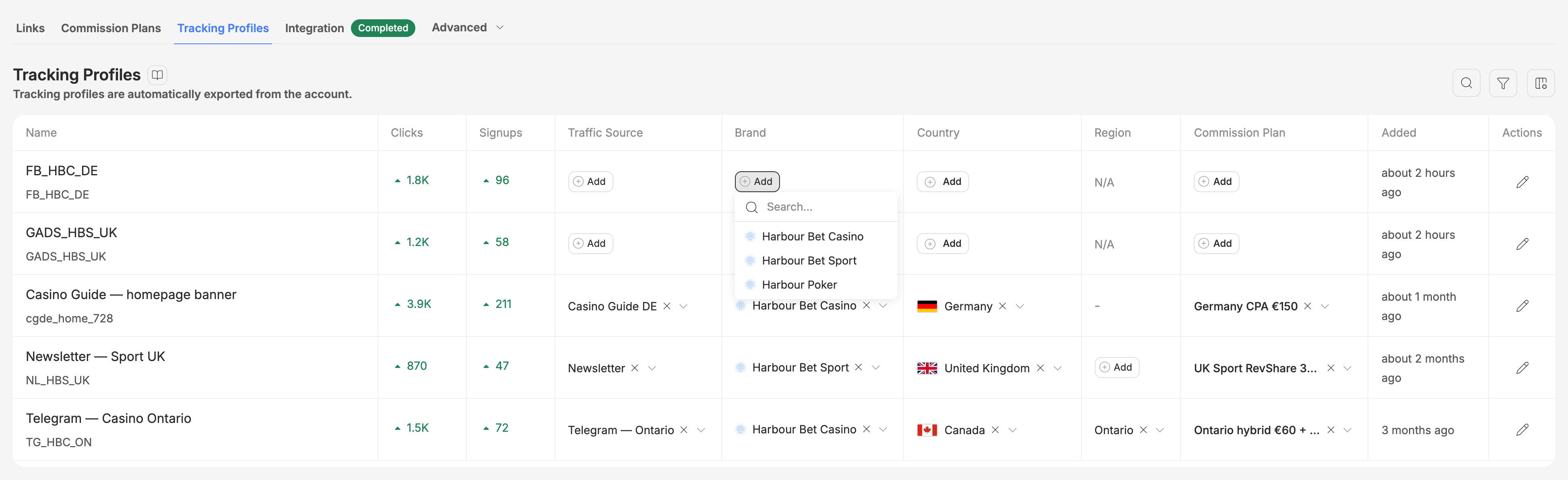 Picking a brand from the Brand cell of a new profile