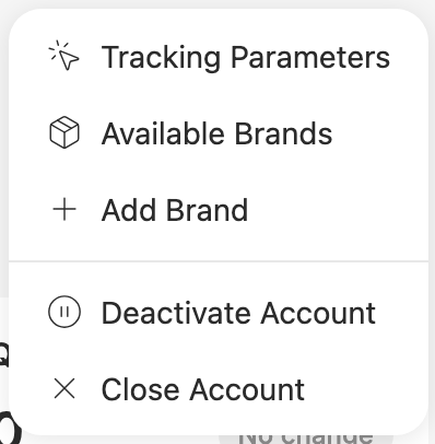 The account actions menu, with Available Brands and Add Brand