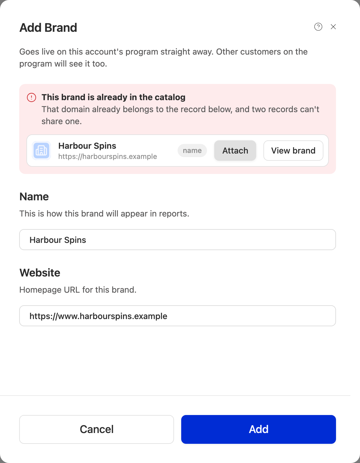 A red notice: This brand is already in the catalog, with the existing brand and an Attach button