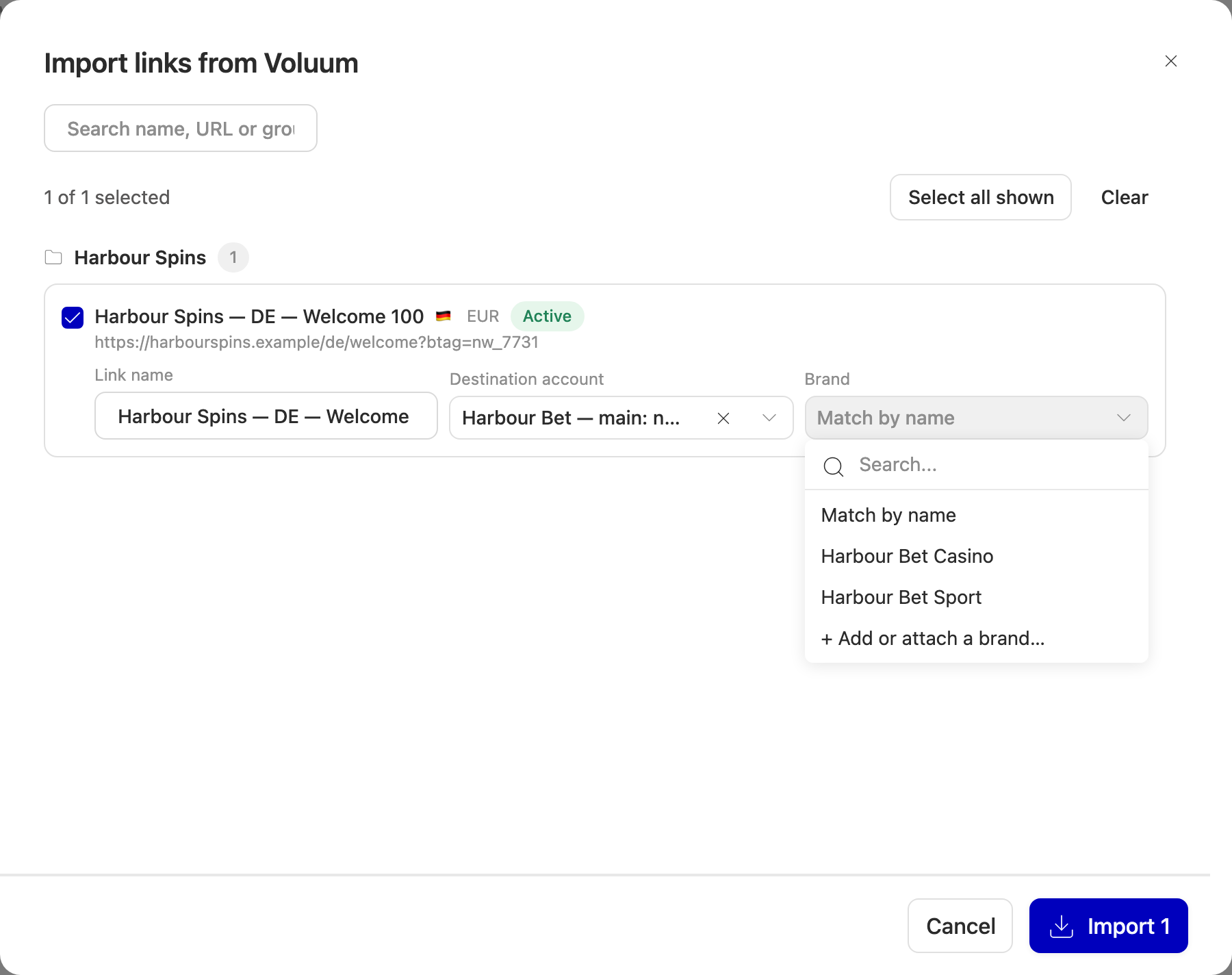 The Brand list on an import row, ending with Add or attach a brand