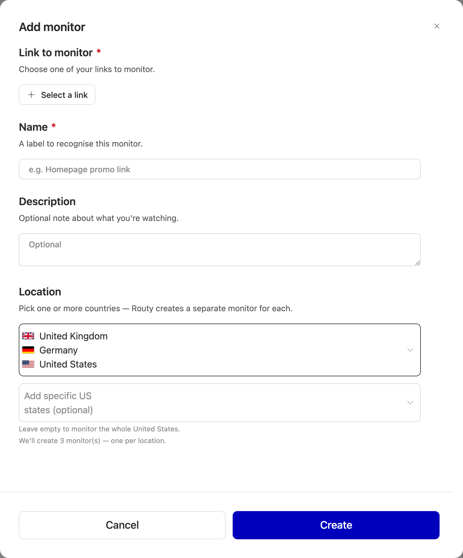 Adding a monitor: pick a link, name it, choose the countries