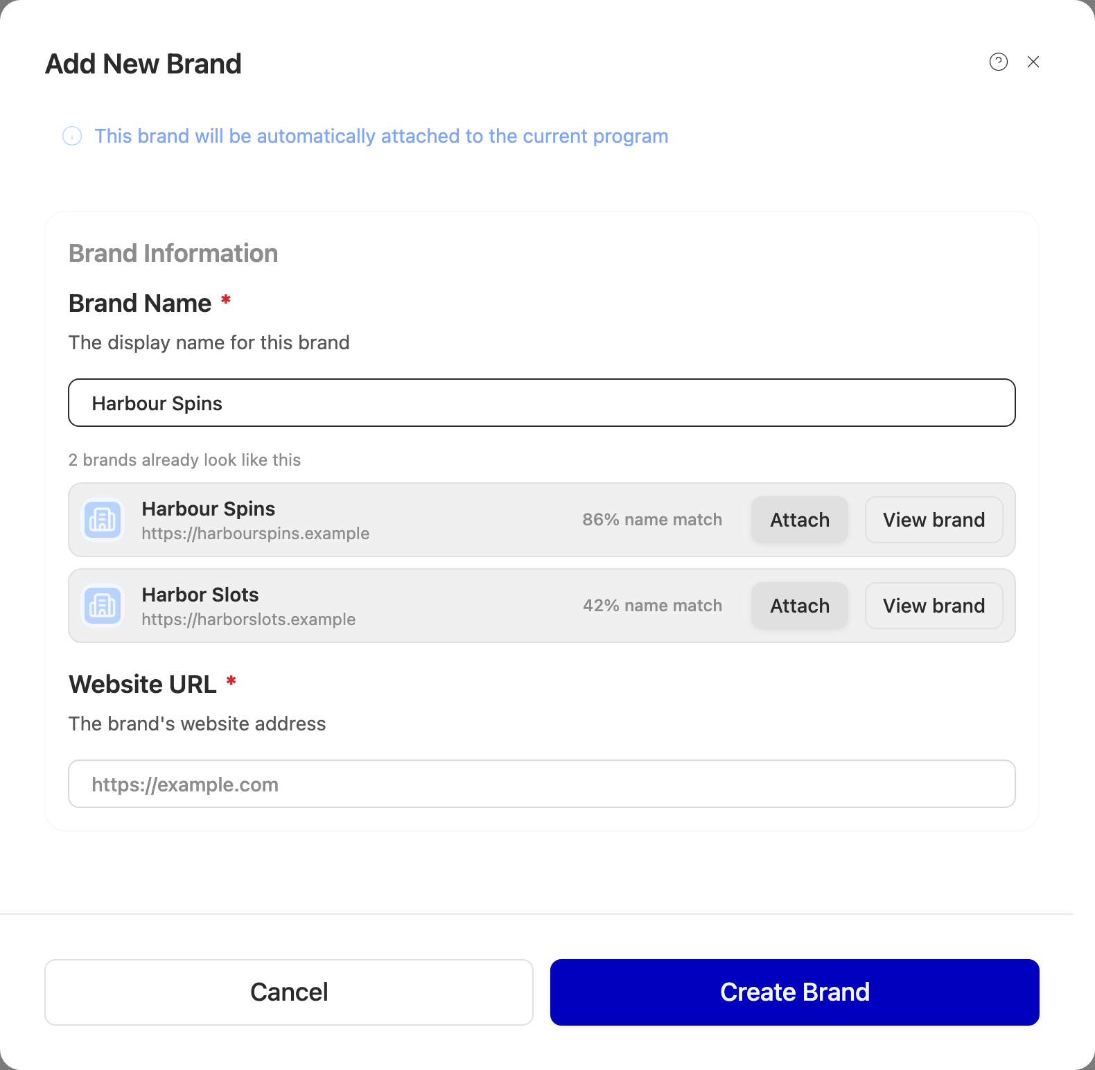 Add New Brand, listing two existing brands that look like the name typed