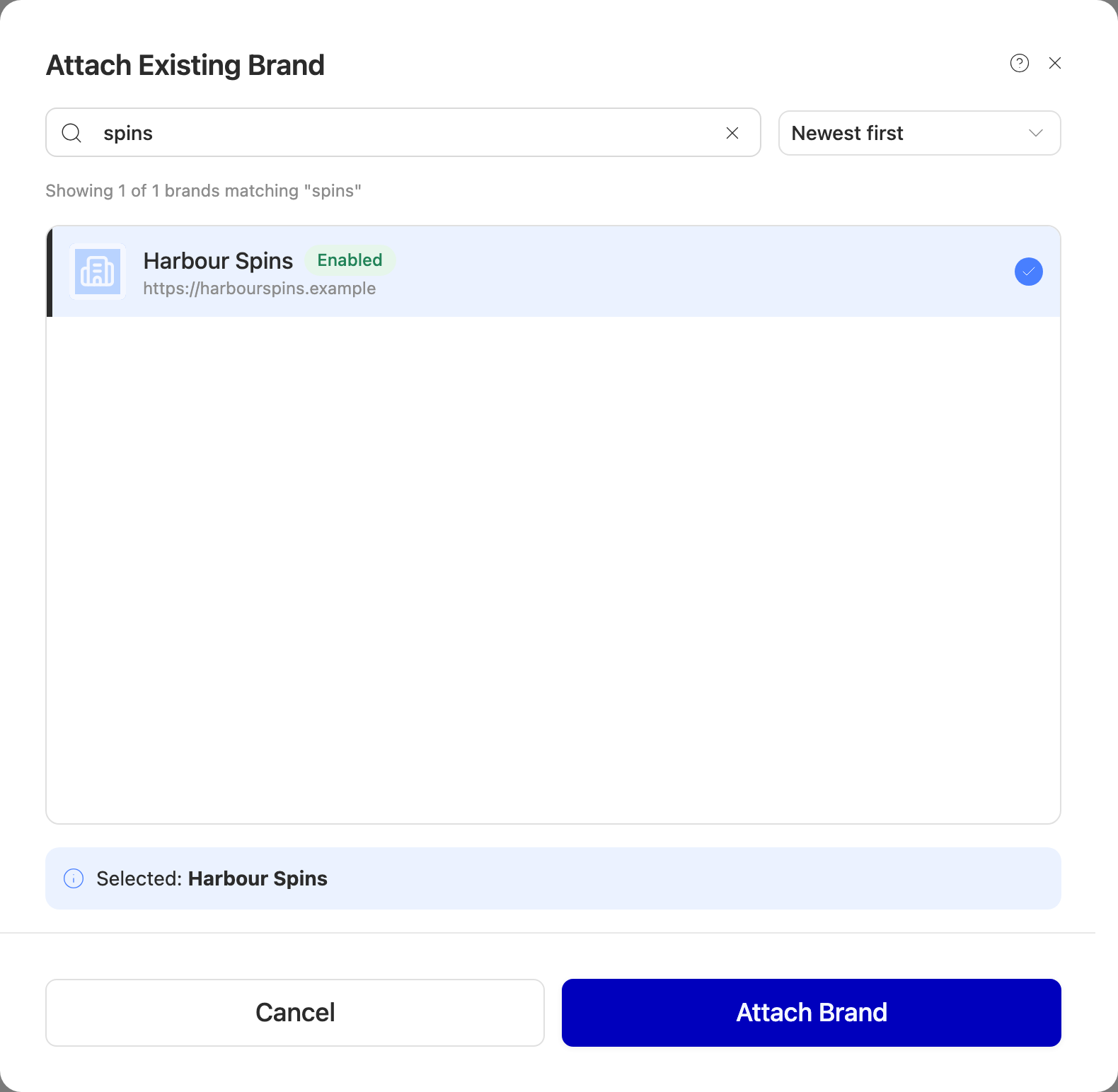 Attach Existing Brand, with Harbour Spins selected