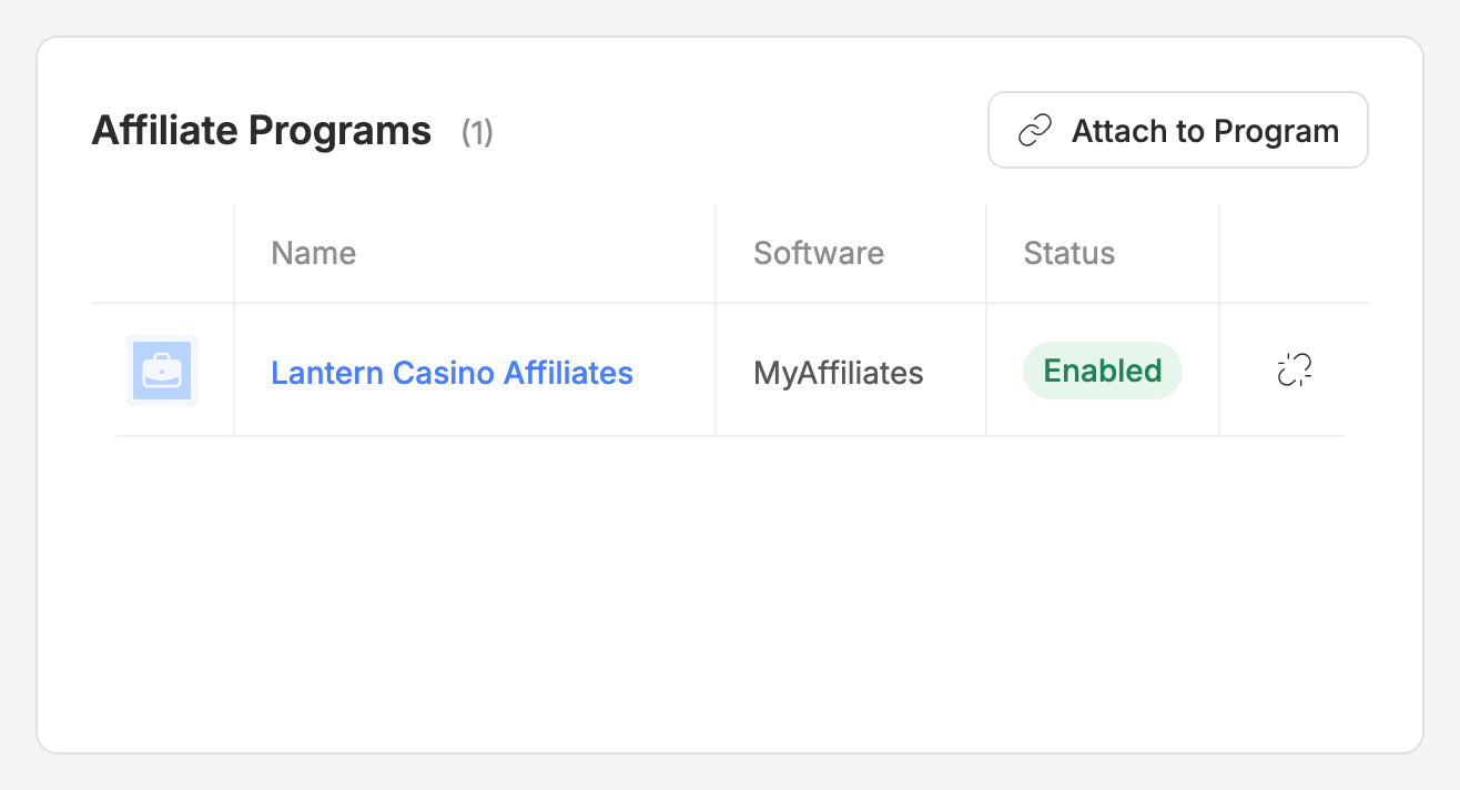 A brand's Affiliate Programs, with the unlink button on each program