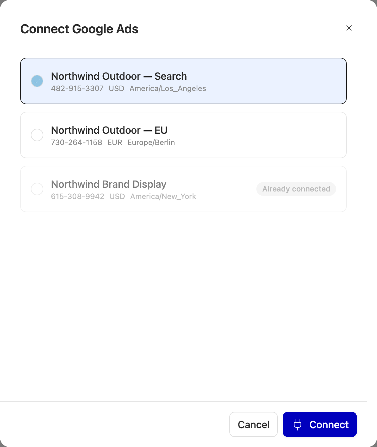 Choosing which Google Ads account to connect