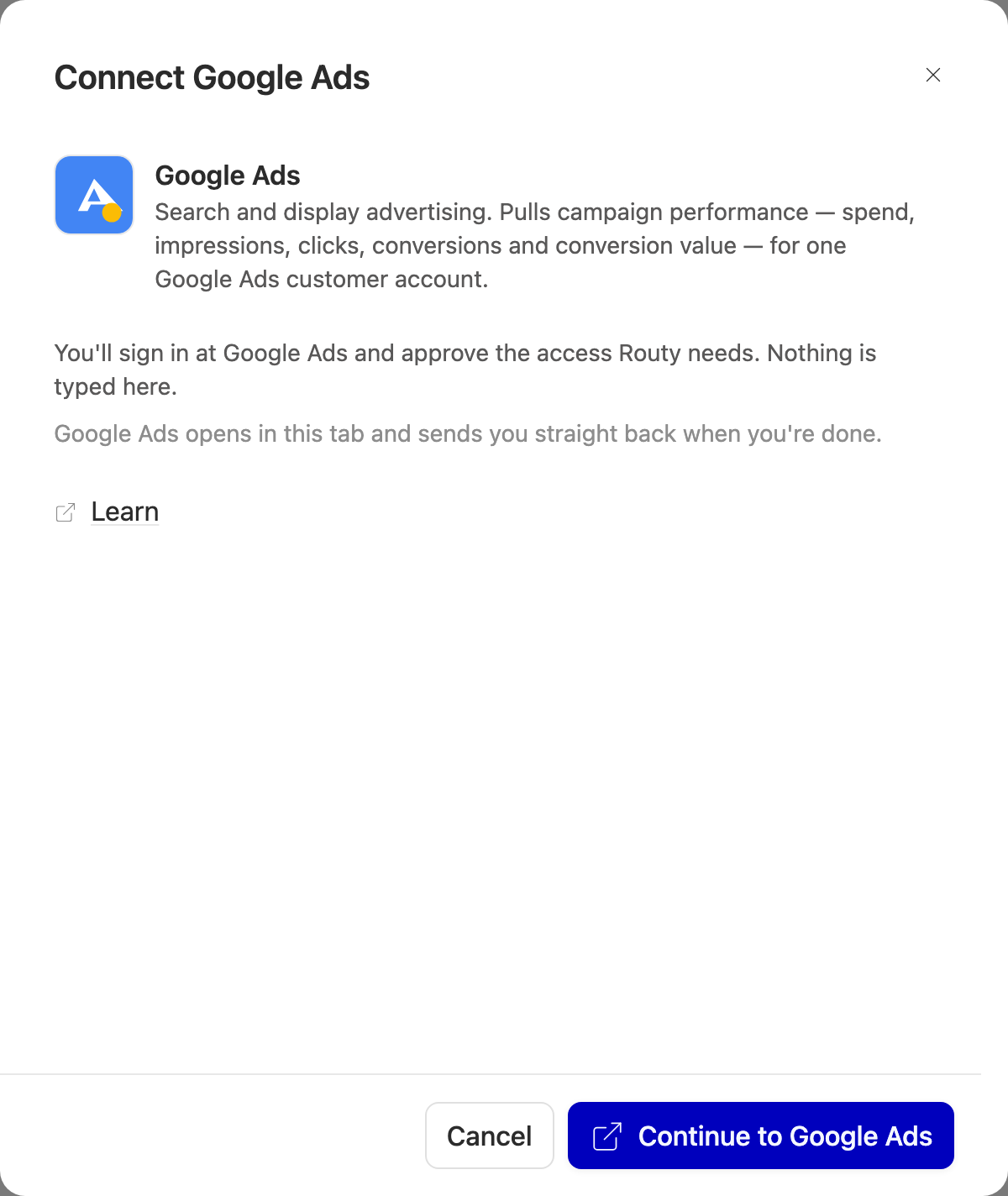 The connect panel with the Continue to Google Ads button