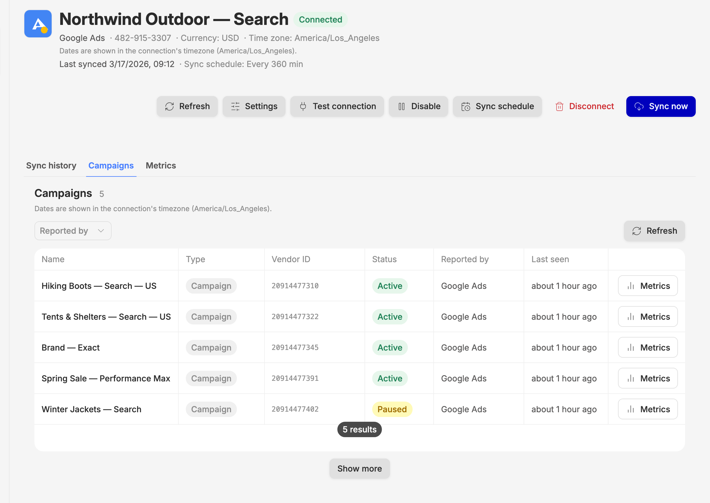 The campaigns found in the Google Ads account