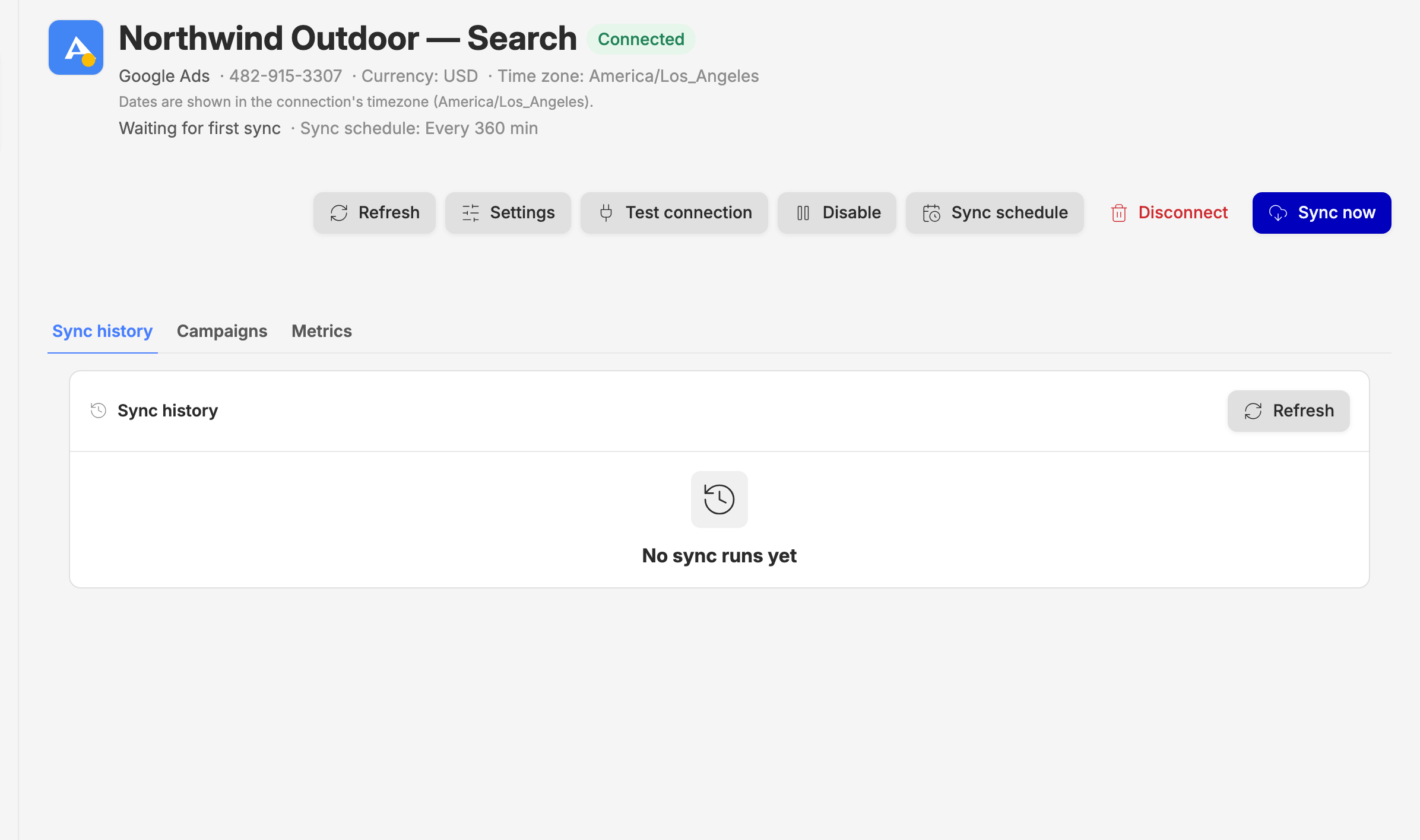 A new Google Ads connection waiting for its first sync