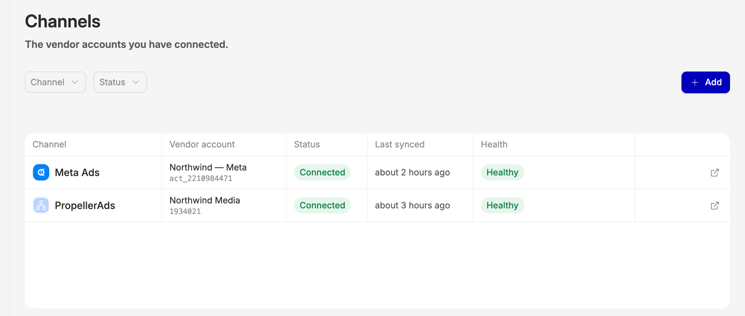 The Channels list, with Add at the top right