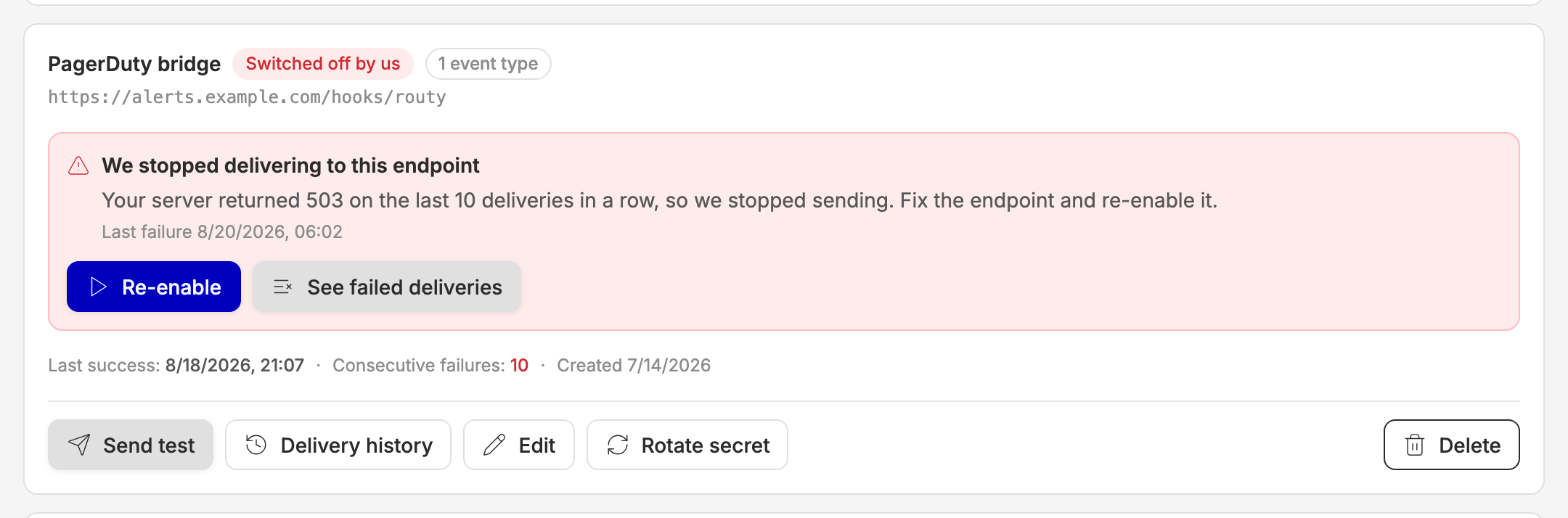 An endpoint we switched off, showing the reason, the last failure, and the Re-enable action