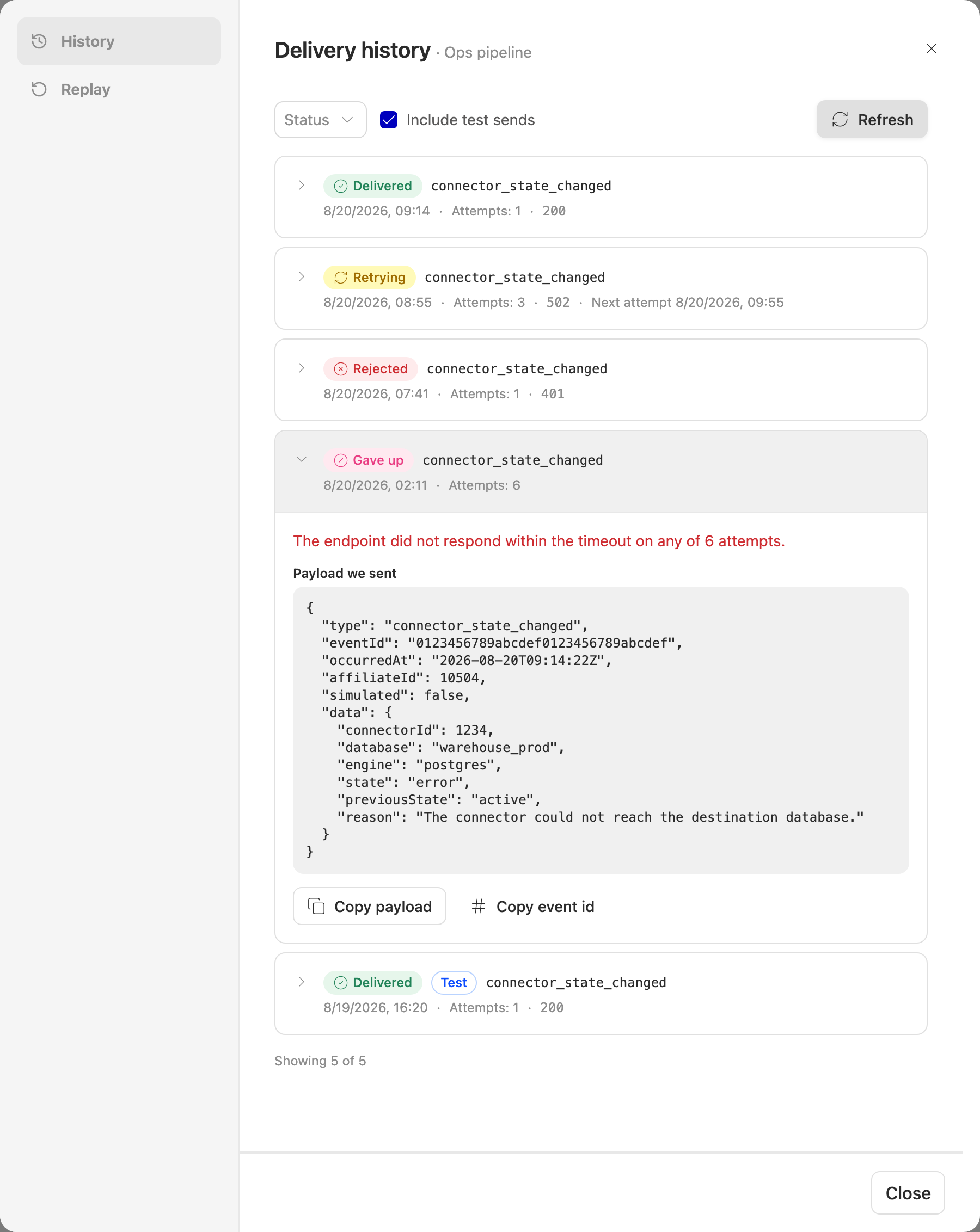 An expanded delivery showing why it failed, the payload we sent, and the copy buttons