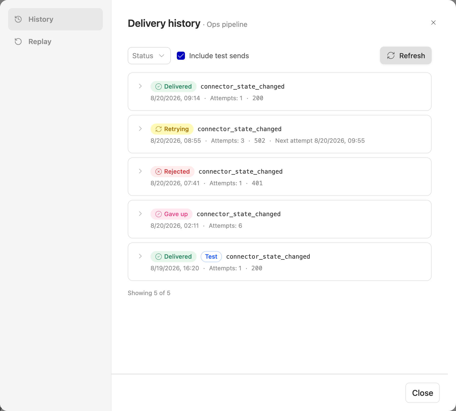 Delivery history with every status: Delivered, Retrying, Rejected, Gave up, and a test send