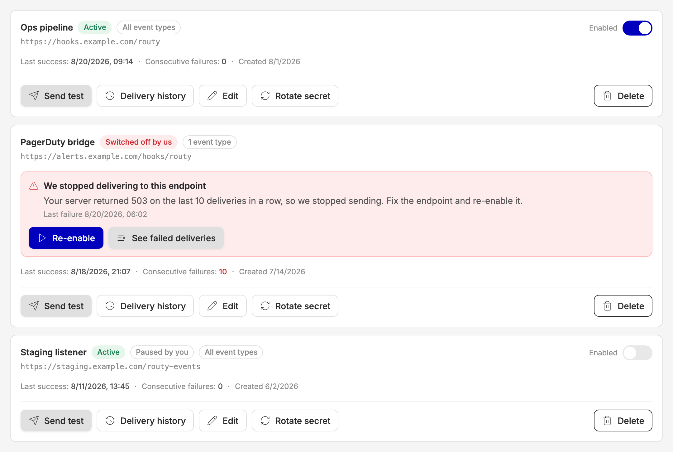 Three endpoints: one active, one switched off by us, one paused by the customer