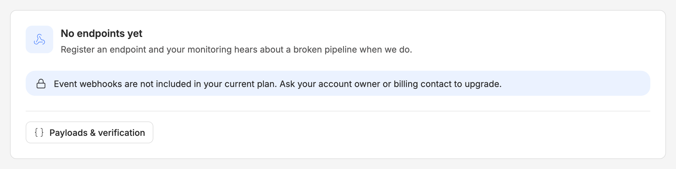 The screen when the plan does not include event webhooks