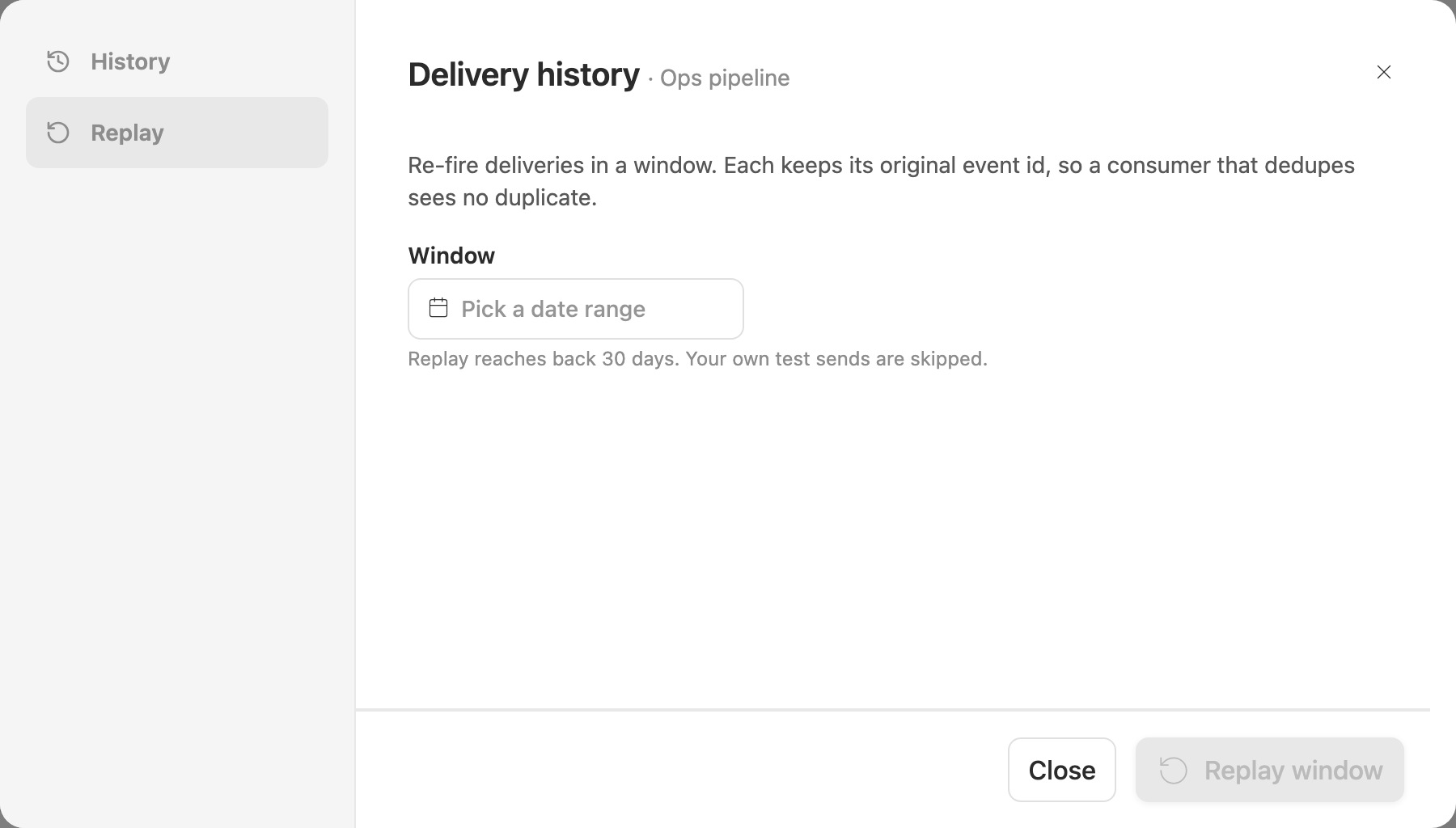 The replay tab: pick a window, and we report anything past retention we could not reach
