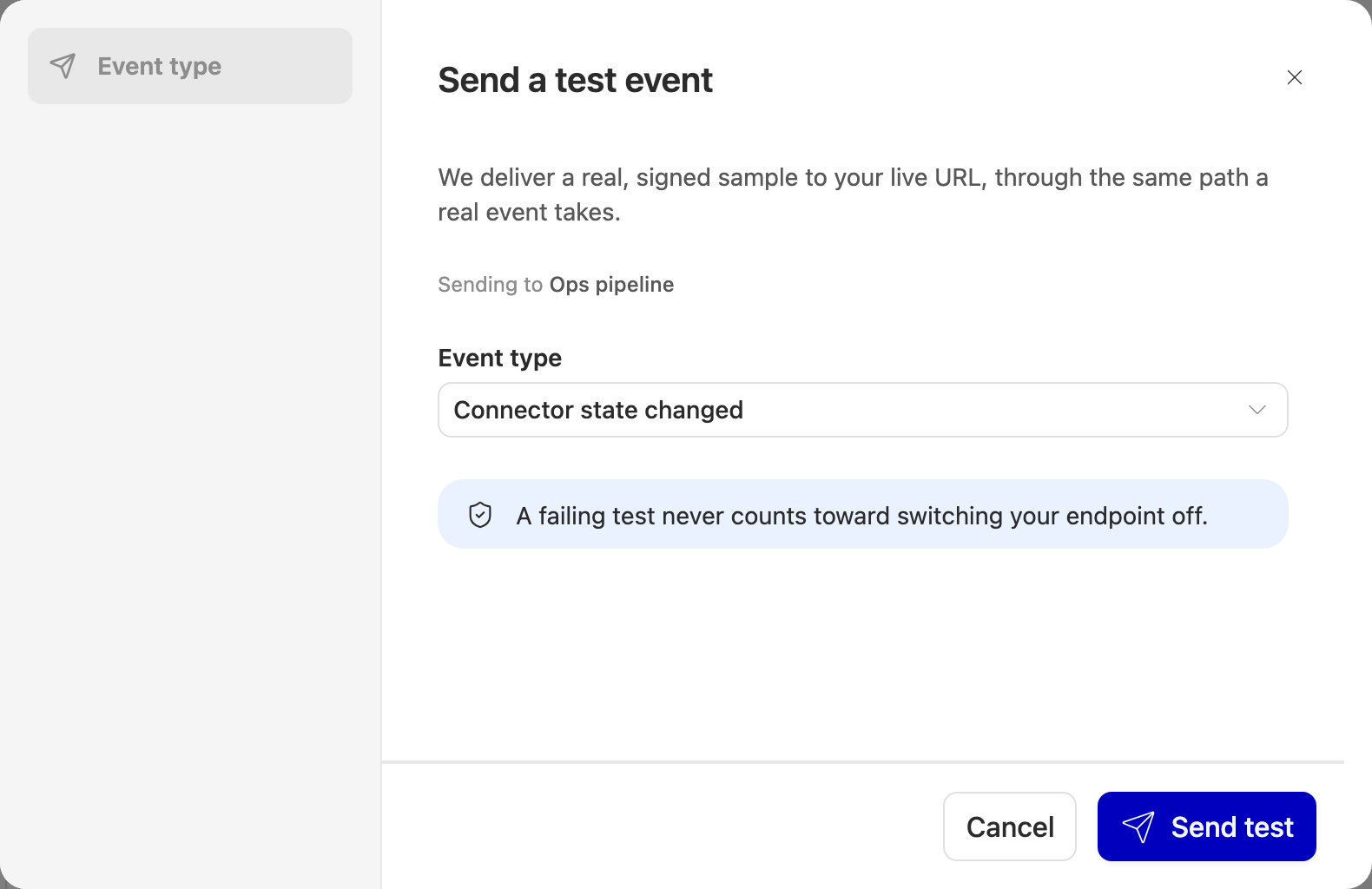 The Send a test event drawer, with the event type picker and the reassurance that a failing test never switches your endpoint off