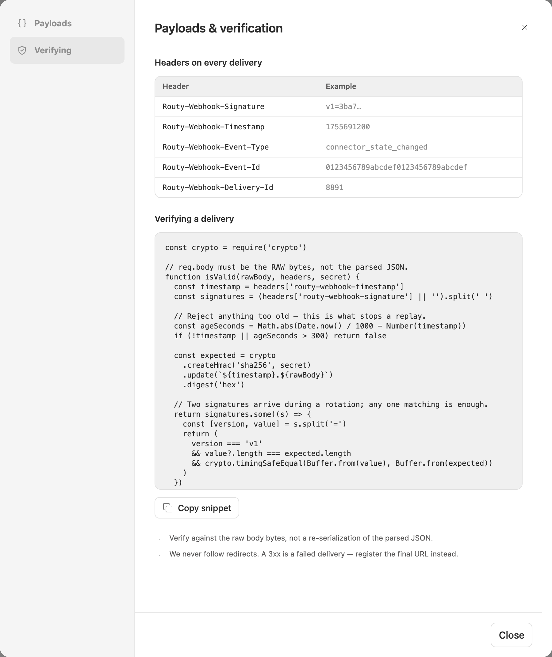 The Payloads & verification drawer: the headers on every delivery and a working verifier