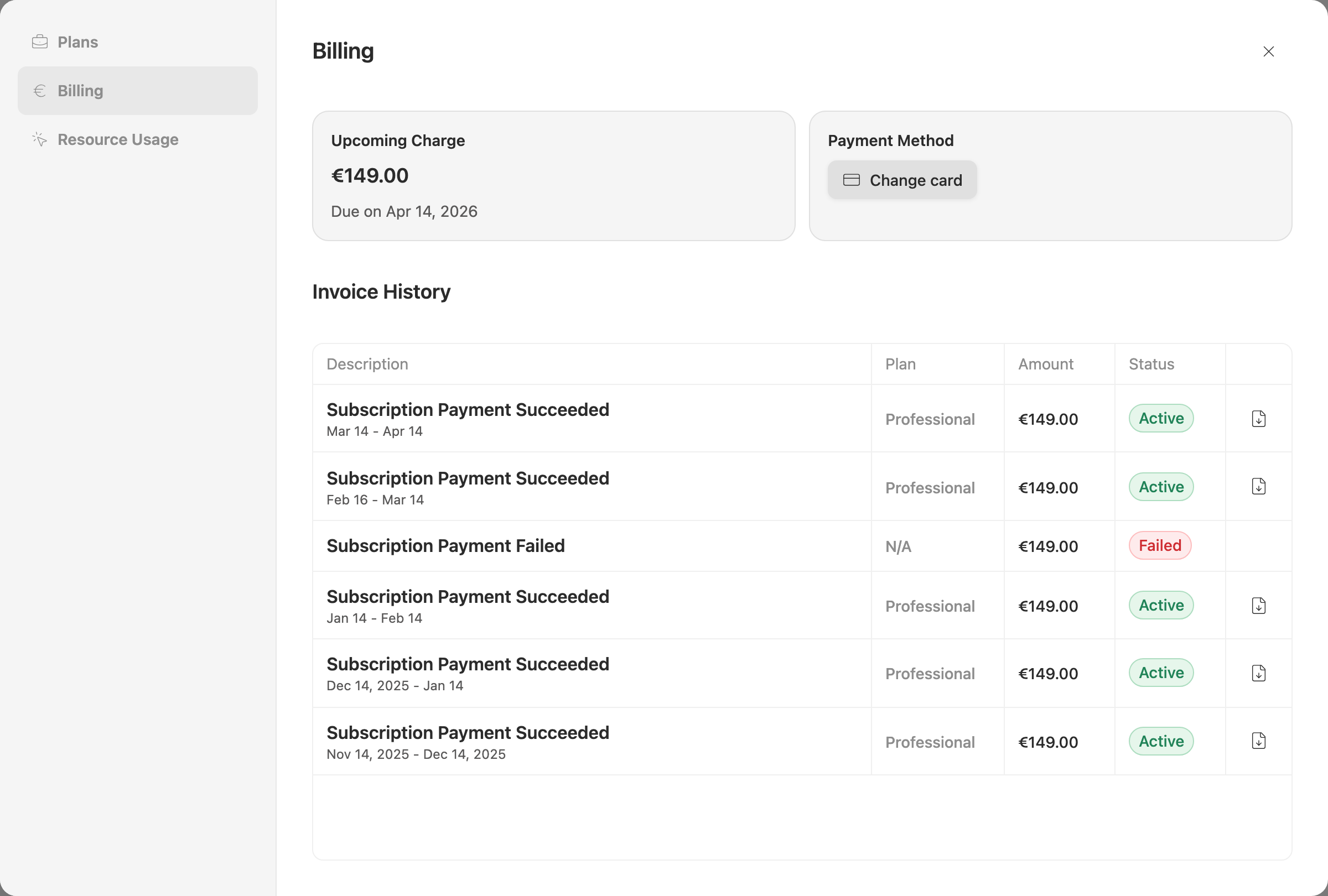 The Billing tab