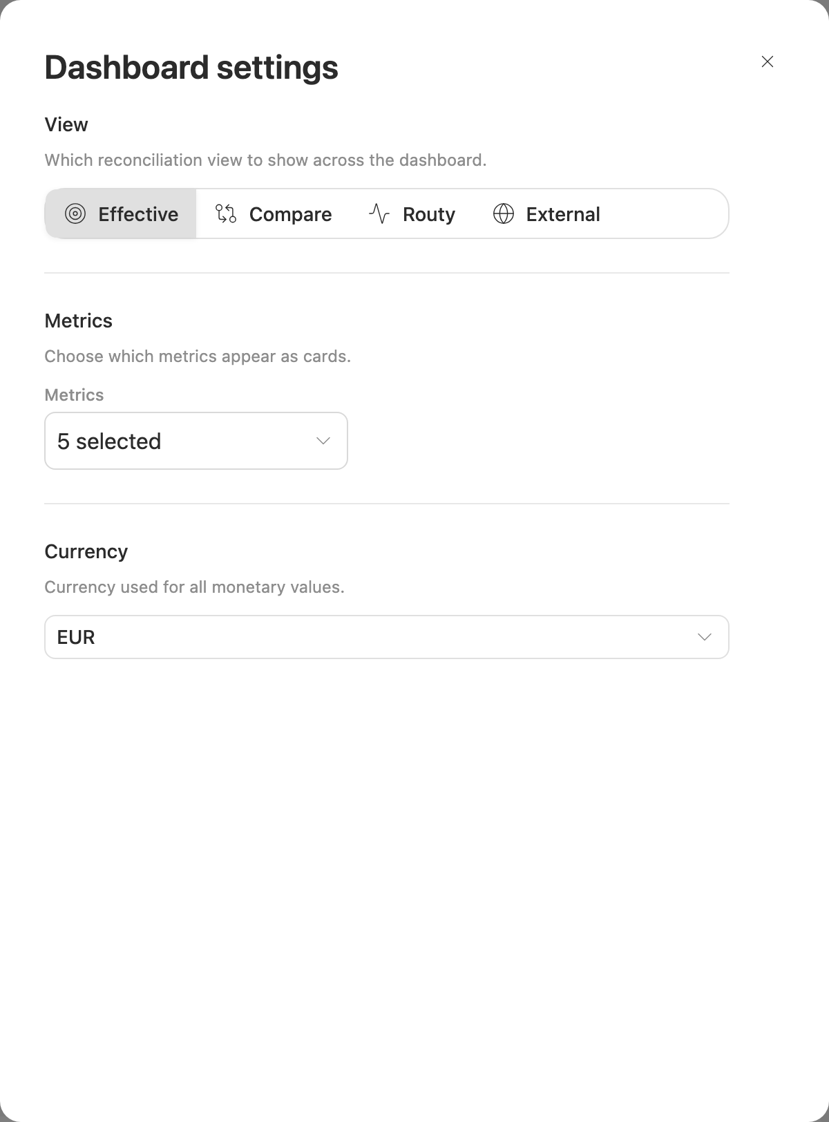 The View setting in Dashboard settings