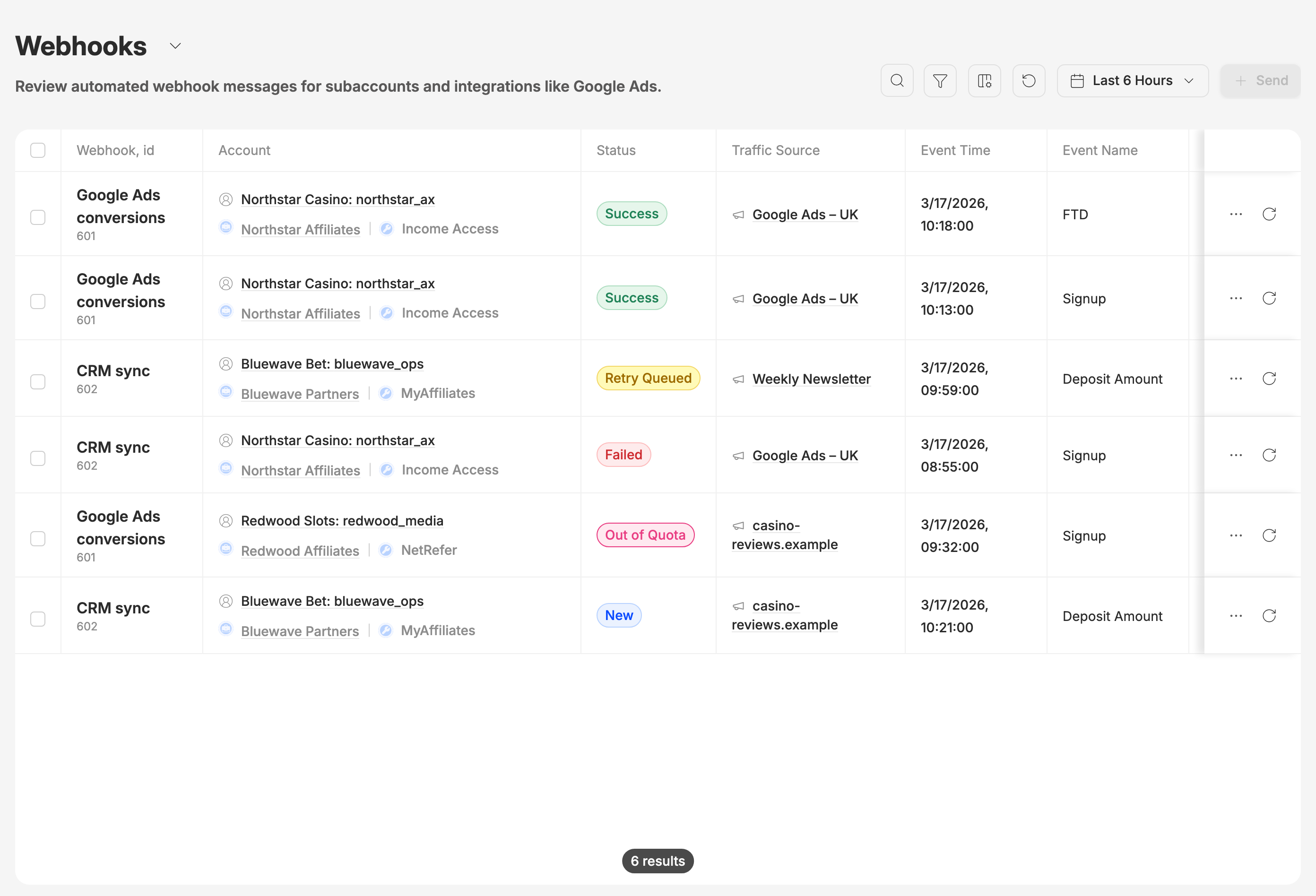 The Webhooks event log, one row per status